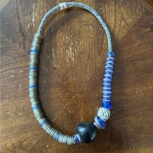 Glass Beaded Statement Necklace in Blue Cobalt Black and Gray